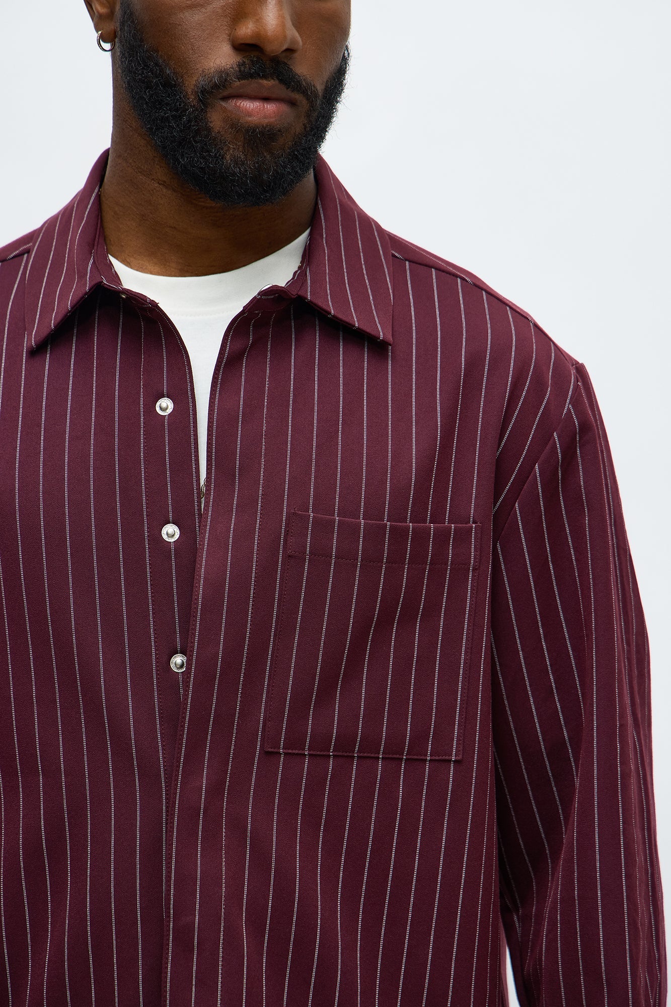 Cropped Striped Button Up Shirt - Burgundy