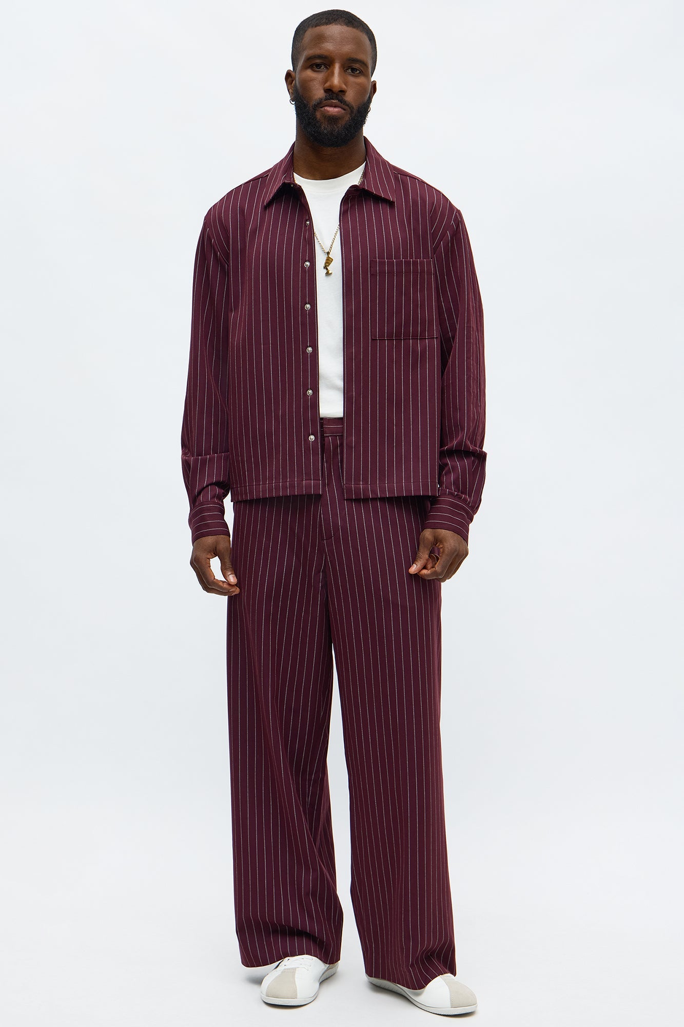 Cropped Striped Button Up Shirt - Burgundy