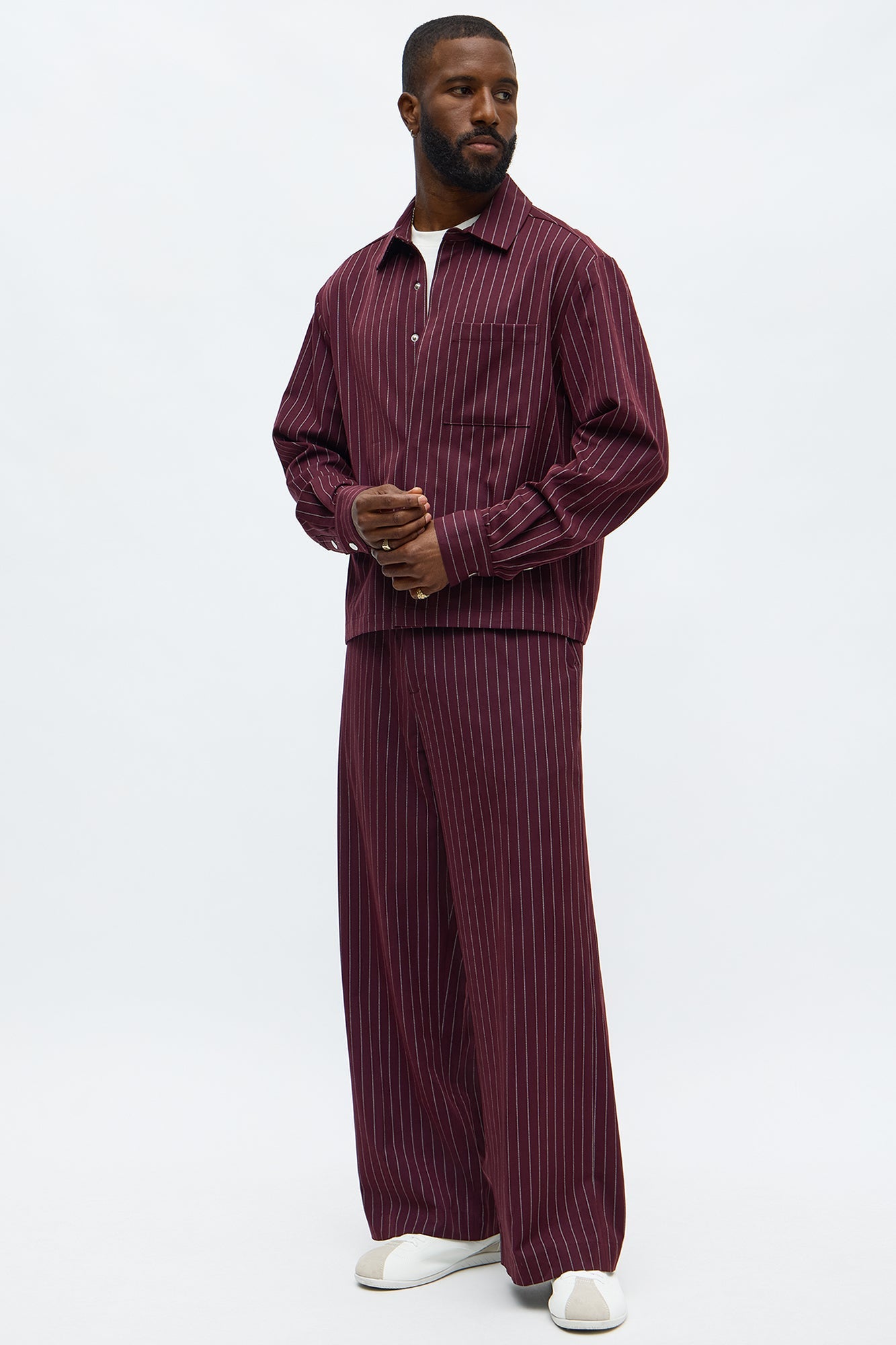 Wide Leg Straight Striped Trouser - Burgundy