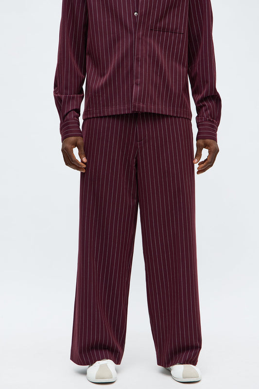 Wide Leg Straight Striped Trouser - Burgundy