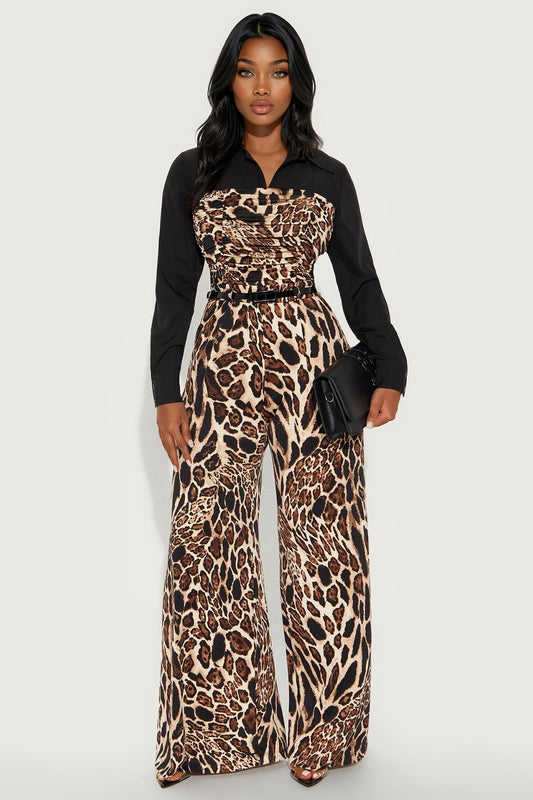 Baddie On The Loose Leopard Print Jumpsuit - Black/combo