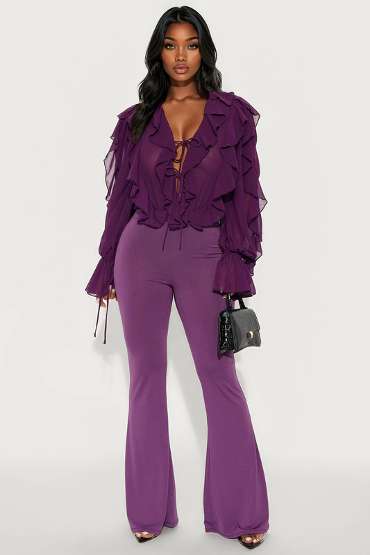 Bridgette Ruffle Bodysuit Pant Set - Eggplant