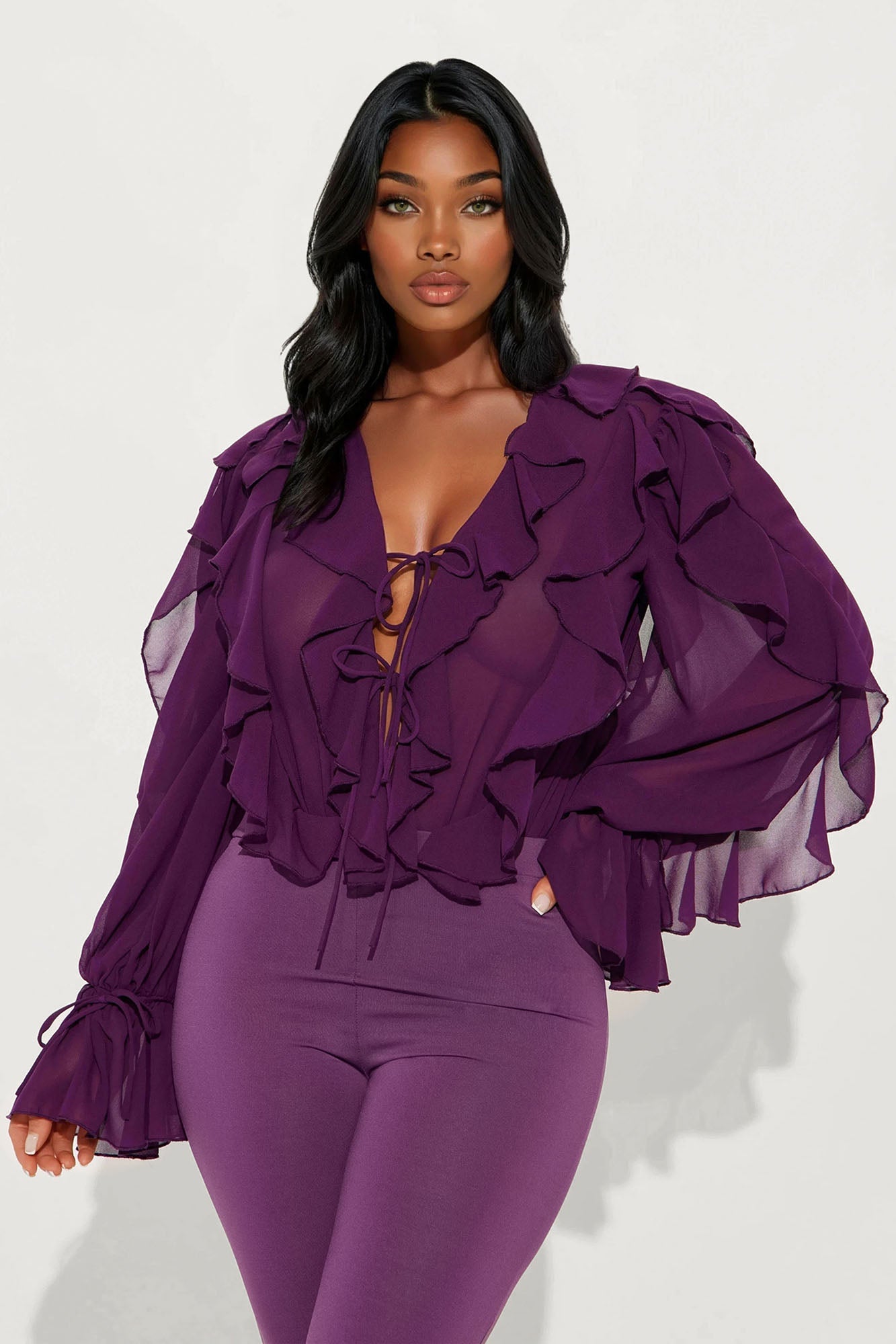 Bridgette Ruffle Bodysuit Pant Set - Eggplant