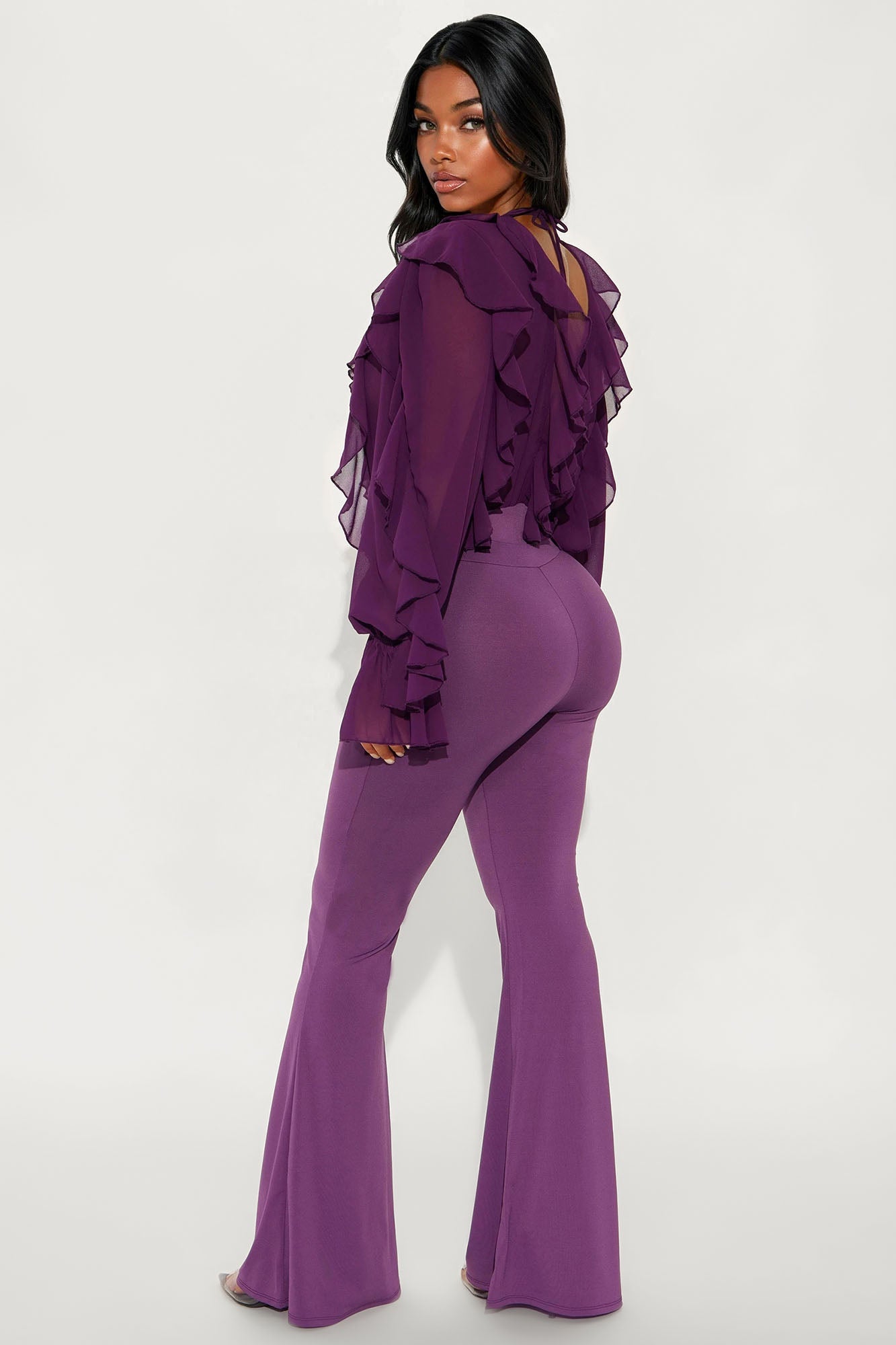 Bridgette Ruffle Bodysuit Pant Set - Eggplant