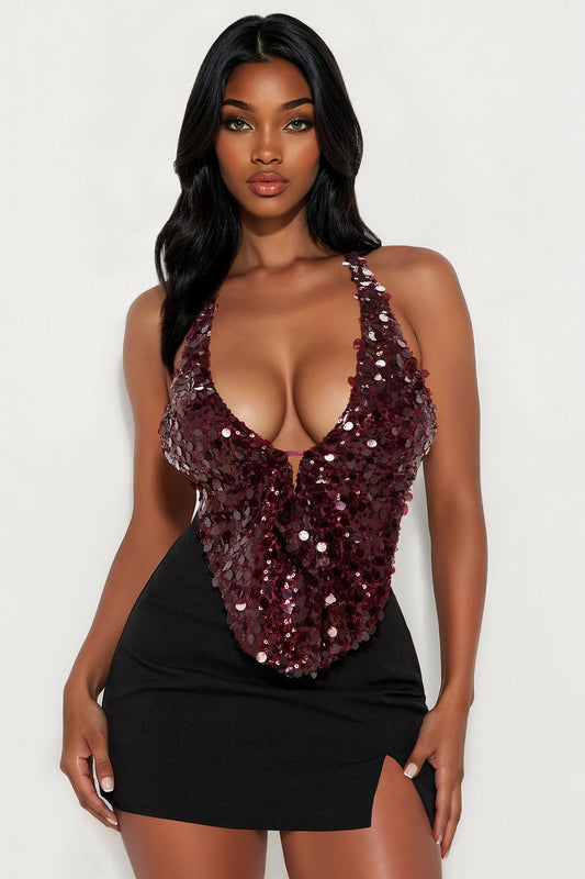 Prudence Sequin Open Back Halter Top - Burgundy