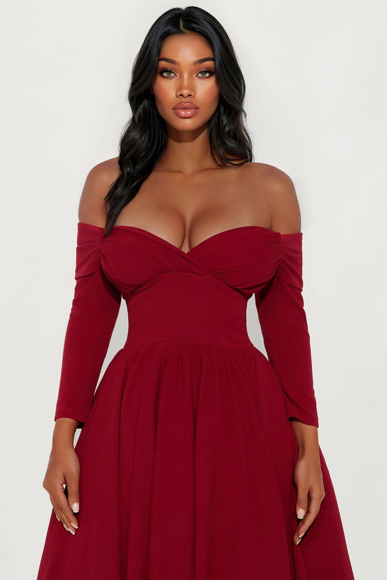 Abby Off Shoulder Crepe Knit Midi Dress - Wine