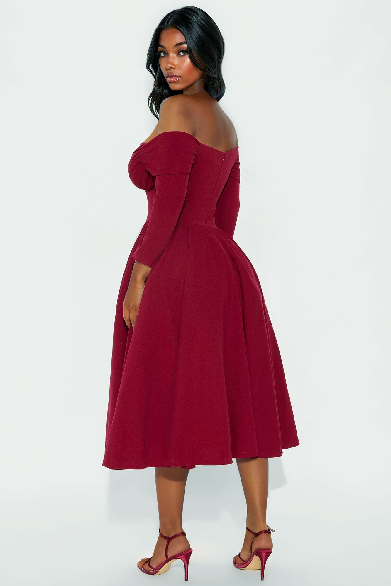 Abby Off Shoulder Crepe Knit Midi Dress - Wine