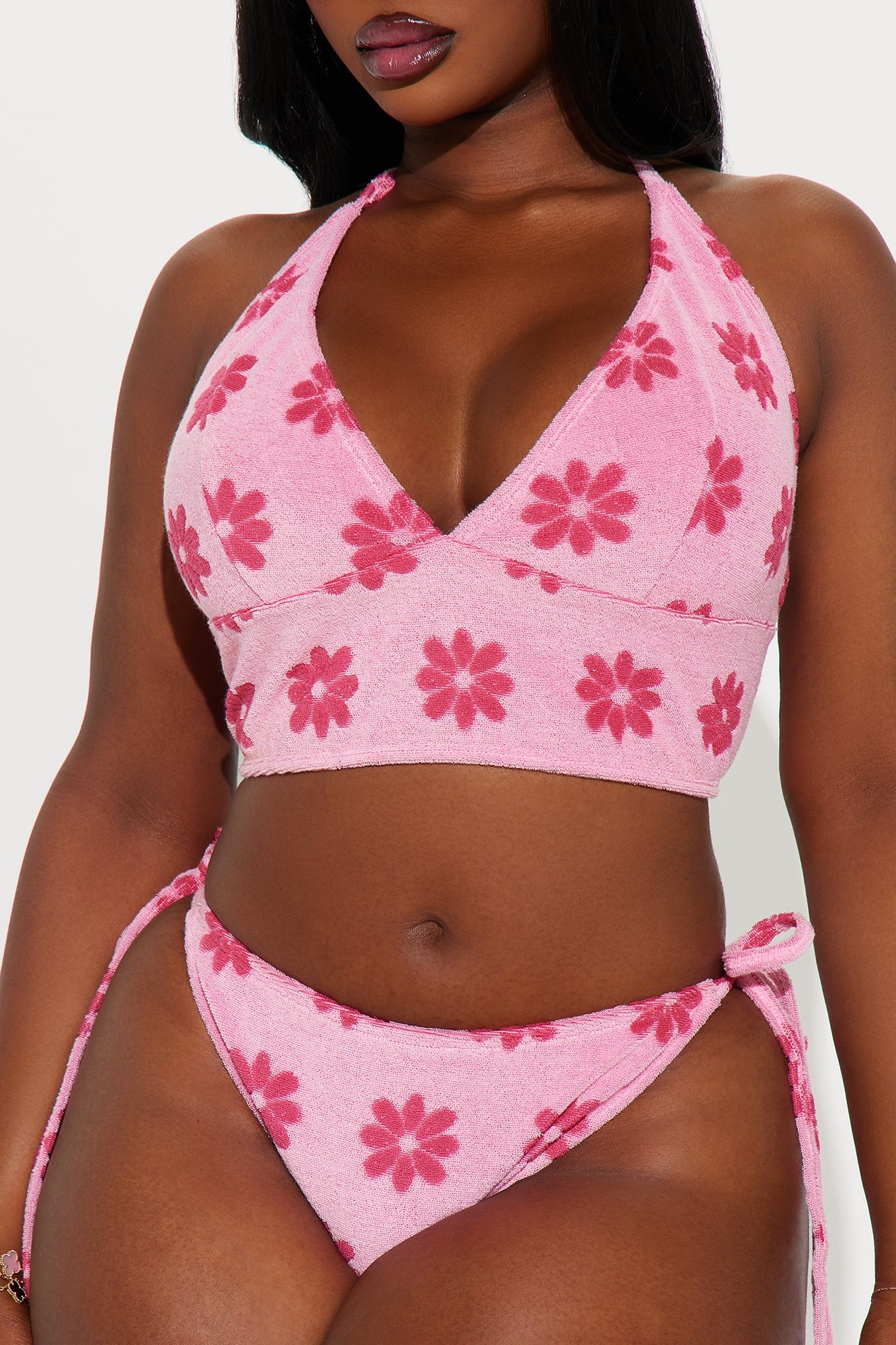 Janie Flower Terry 3 Piece Bikini & Skirt Set - Pink/combo