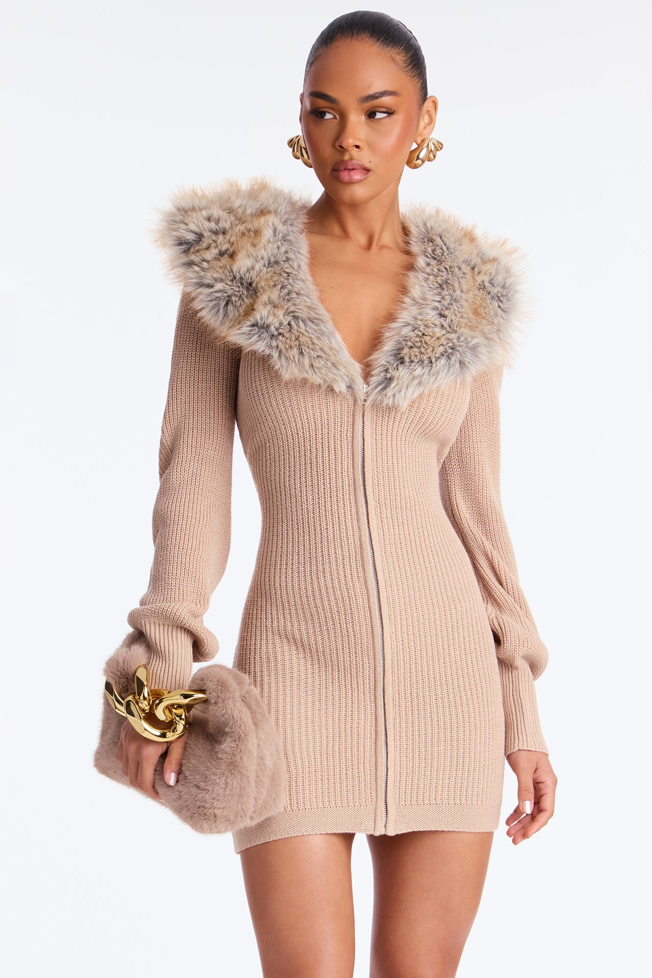 Bindi Fur Trim Sweater Micro Mini Dress - Taupe