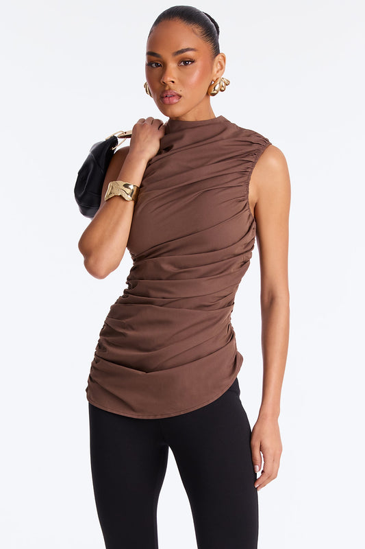 Just Admire Mock Neck Ruched Top - Brown