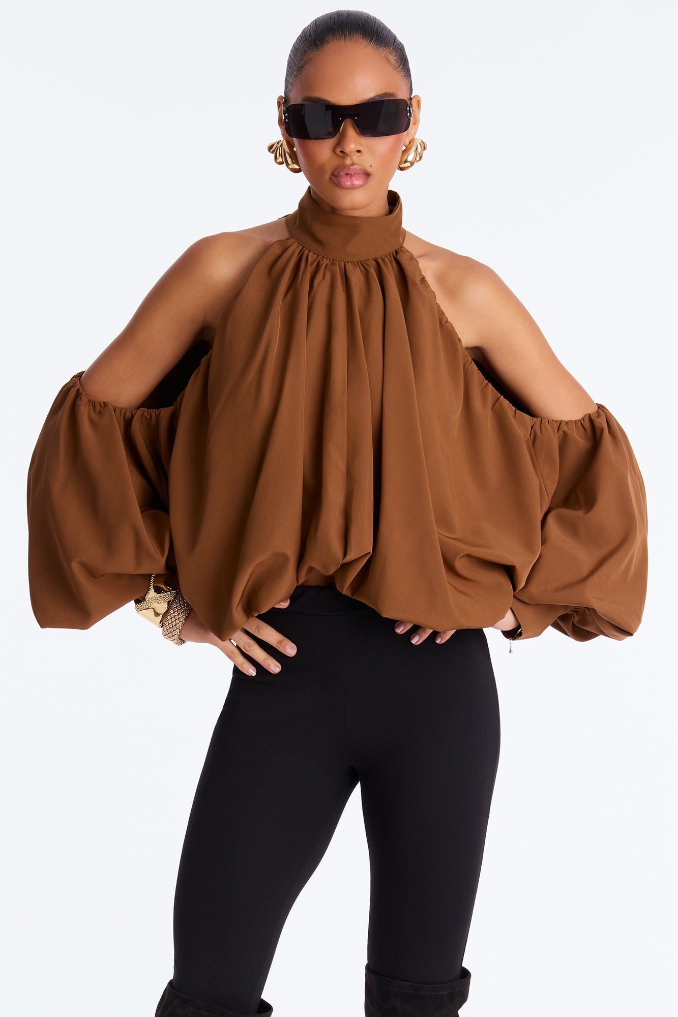Inner Goddess Draped Lantern Top - Brown