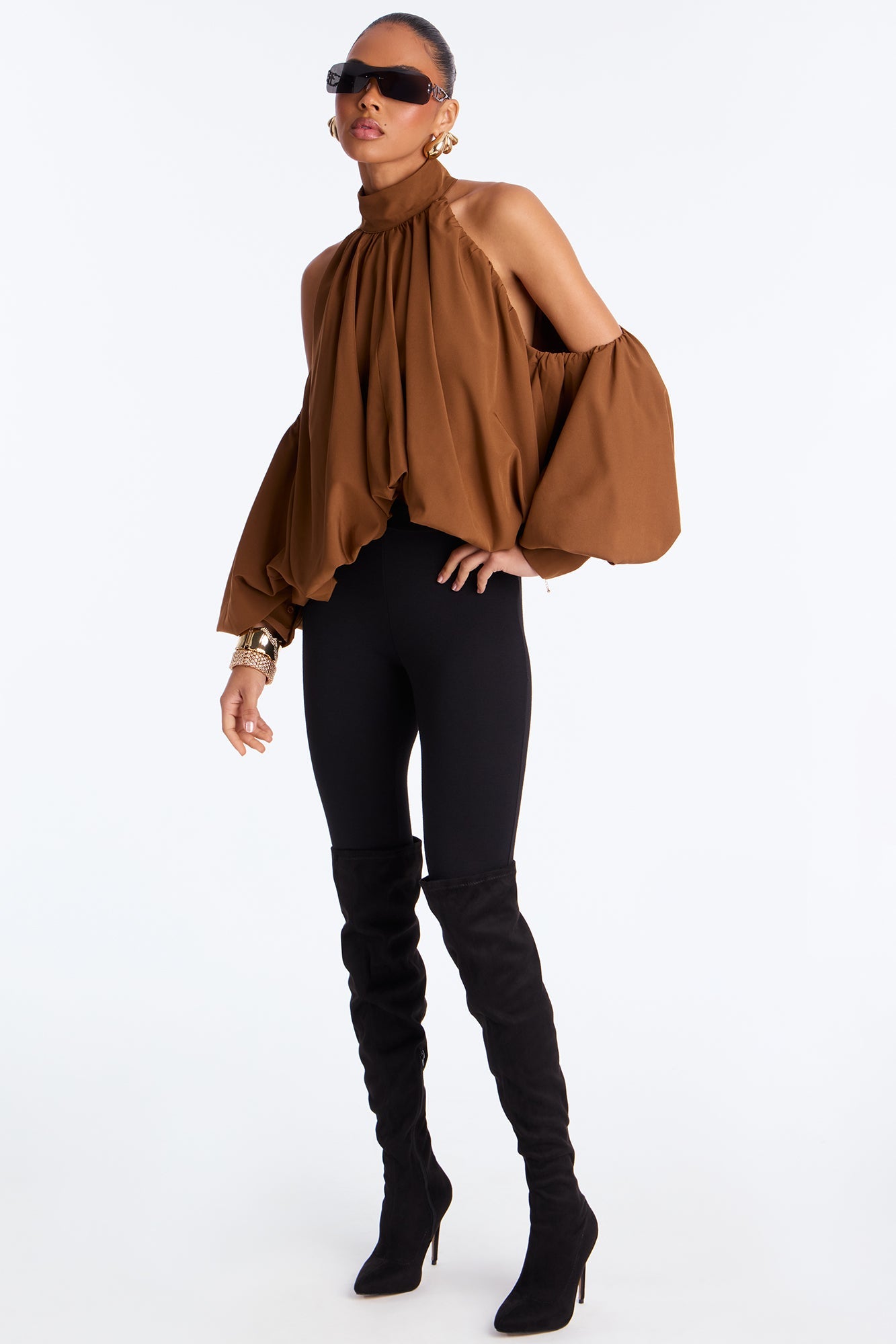 Inner Goddess Draped Lantern Top - Brown