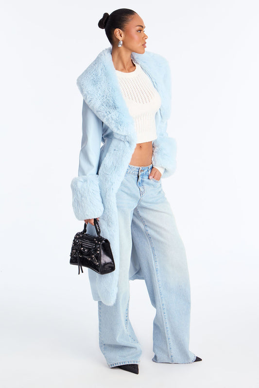 Karina Faux Fur Trench Coat - Light Blue
