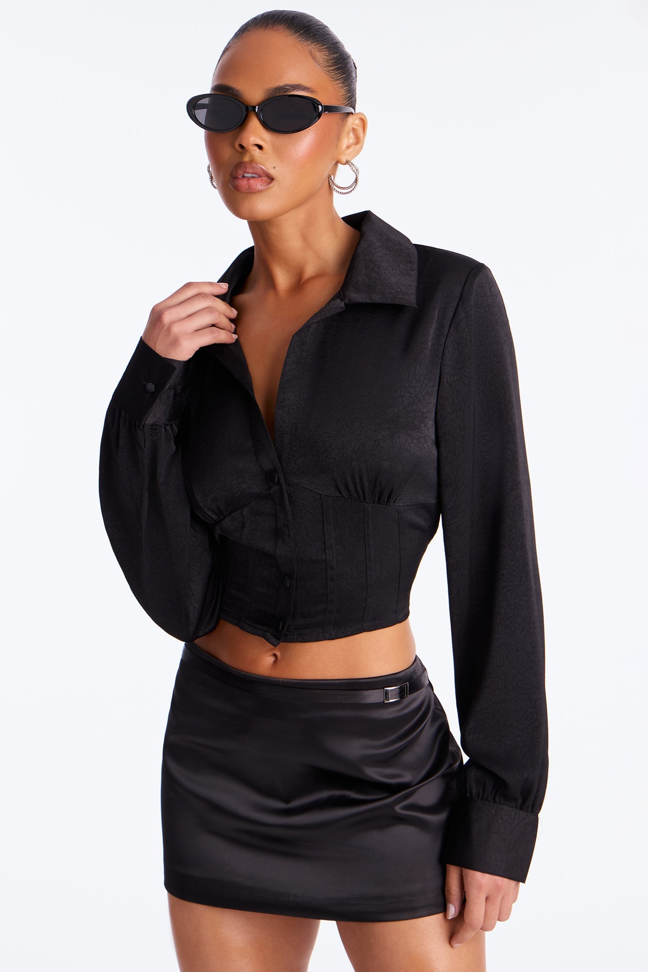 Only Exception Lace Up Satin Shirt - Black