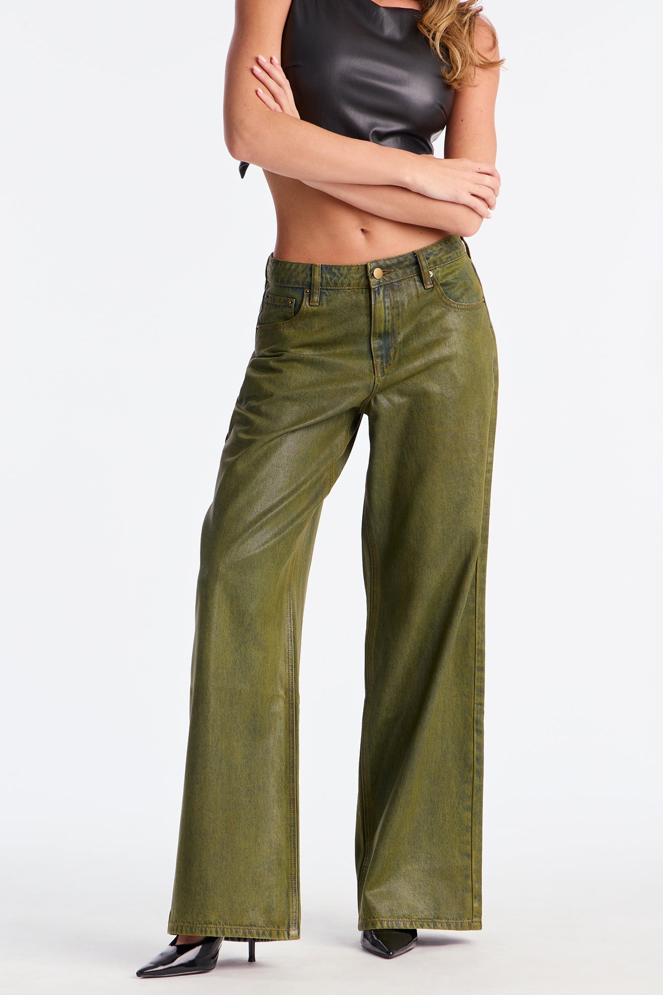 Acting Right Coated Wide Leg Jeans - Olive