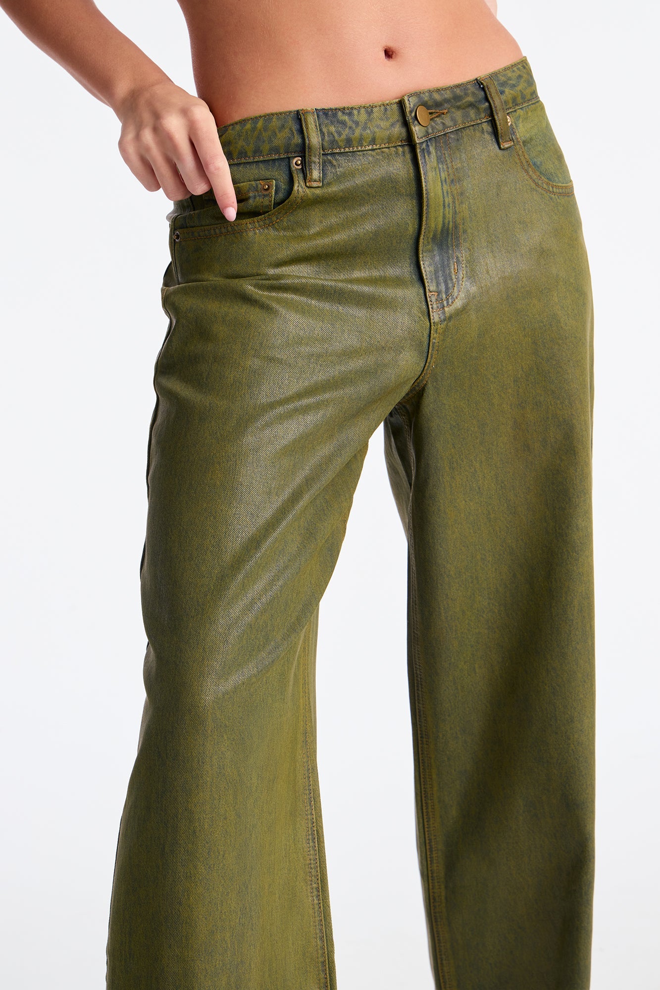 Acting Right Coated Wide Leg Jeans - Olive
