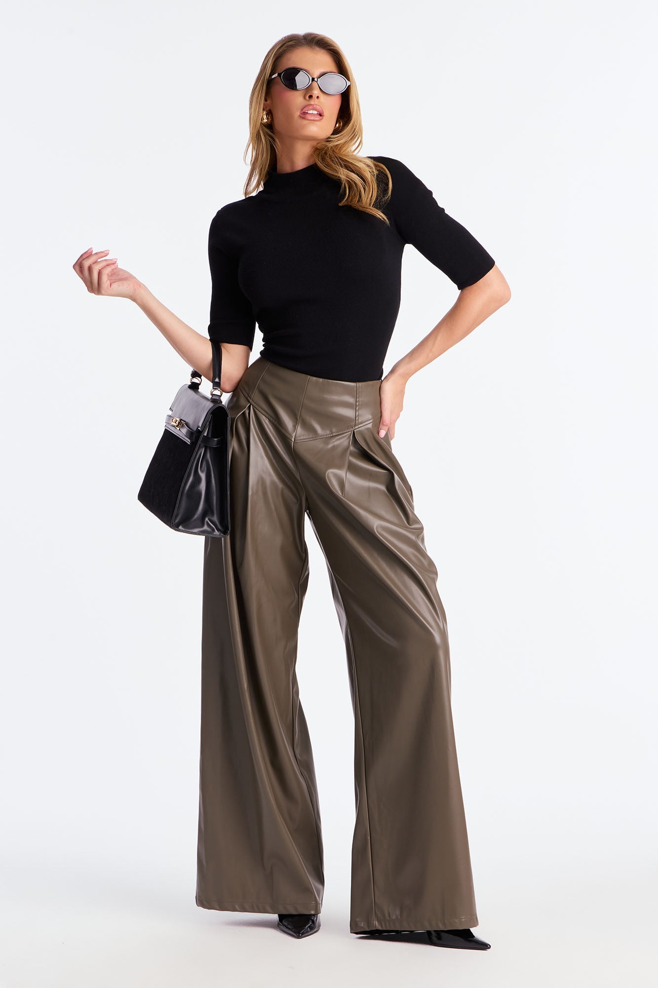 Mindful Thoughts Faux Leather Wide Leg Pant 33 - Olive