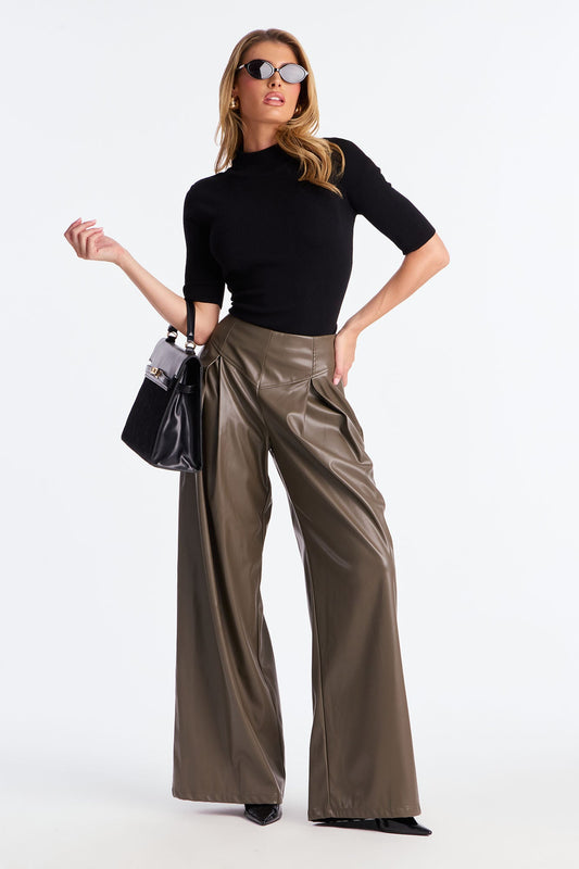 Mindful Thoughts Faux Leather Wide Leg Pant 33 - Olive