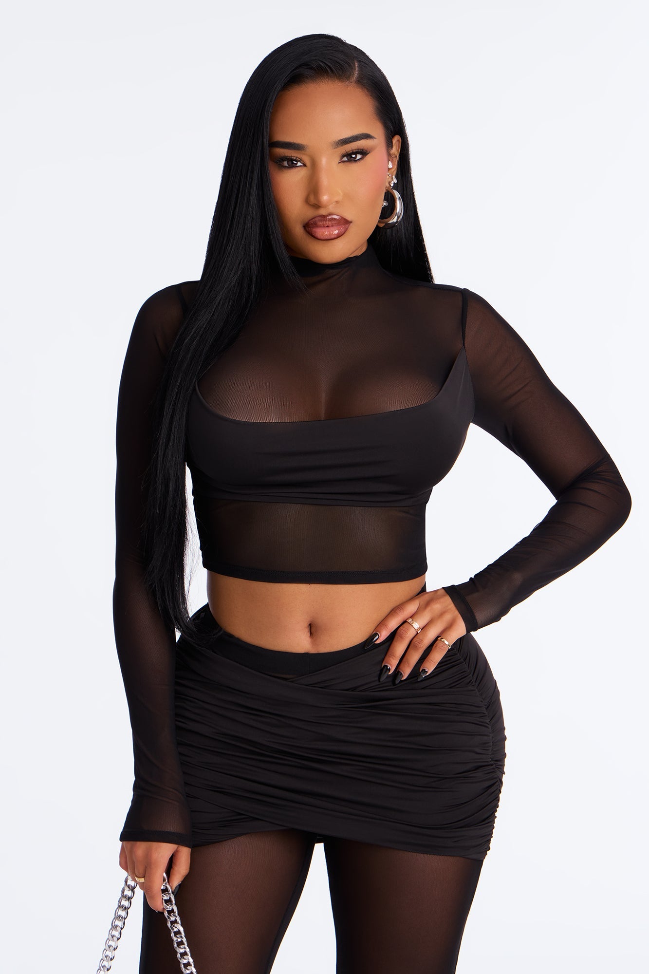 Lara Ruched Mesh Pant Set - Black