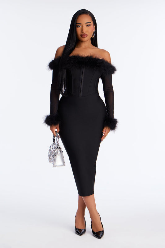 Fur Real Corset Waist Bandage Midi Dress - Black