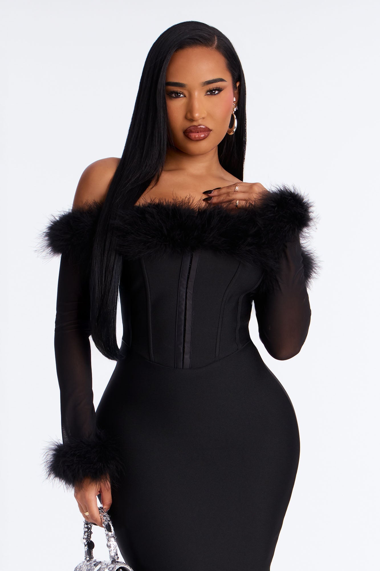 Fur Real Corset Waist Bandage Midi Dress - Black