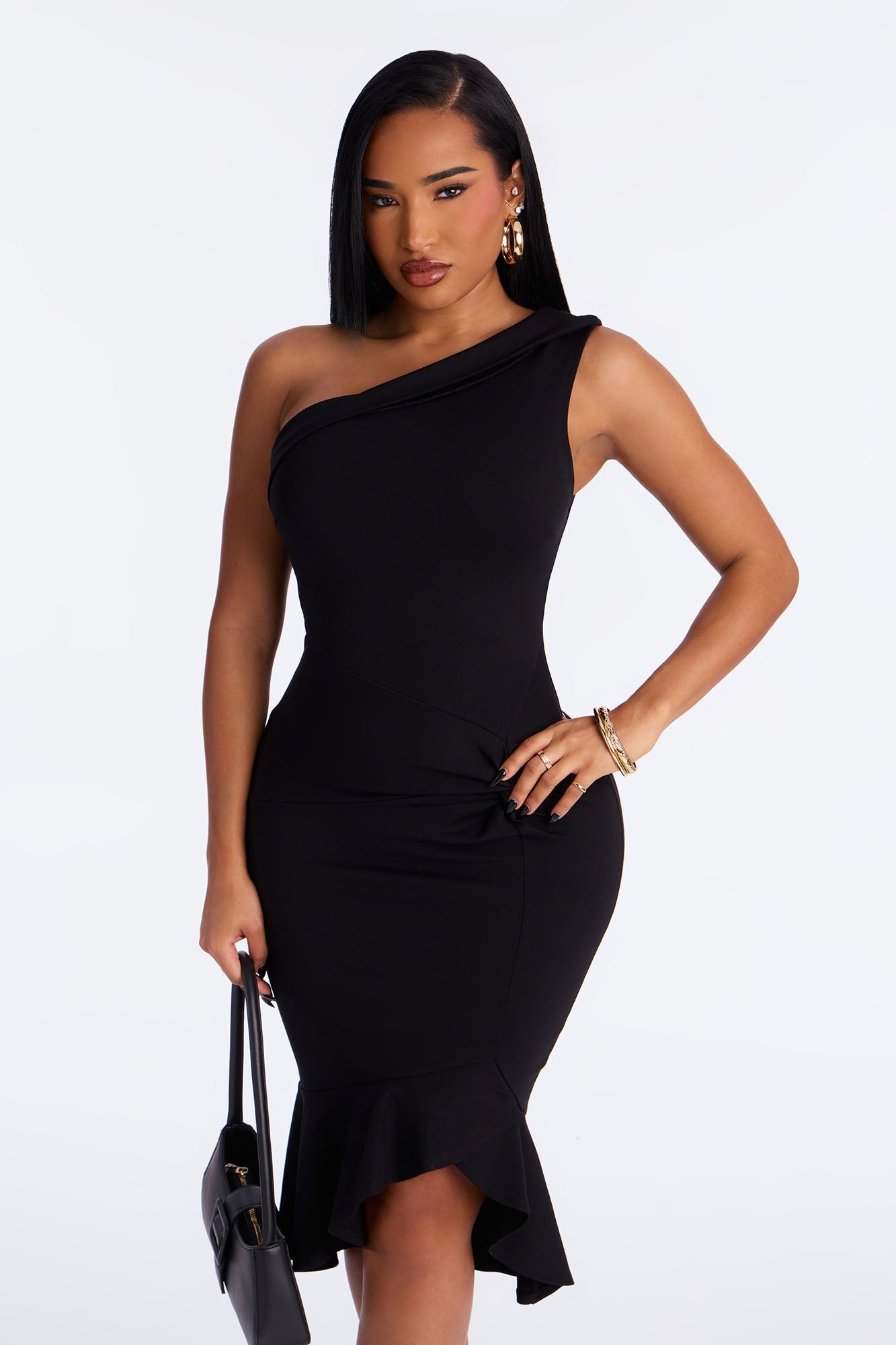 Penelope Body Sculpt Ponte One Shoulder Midi Dress - Black