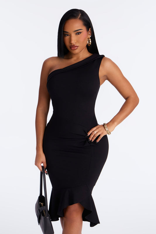 Penelope Body Sculpt Ponte One Shoulder Midi Dress - Black