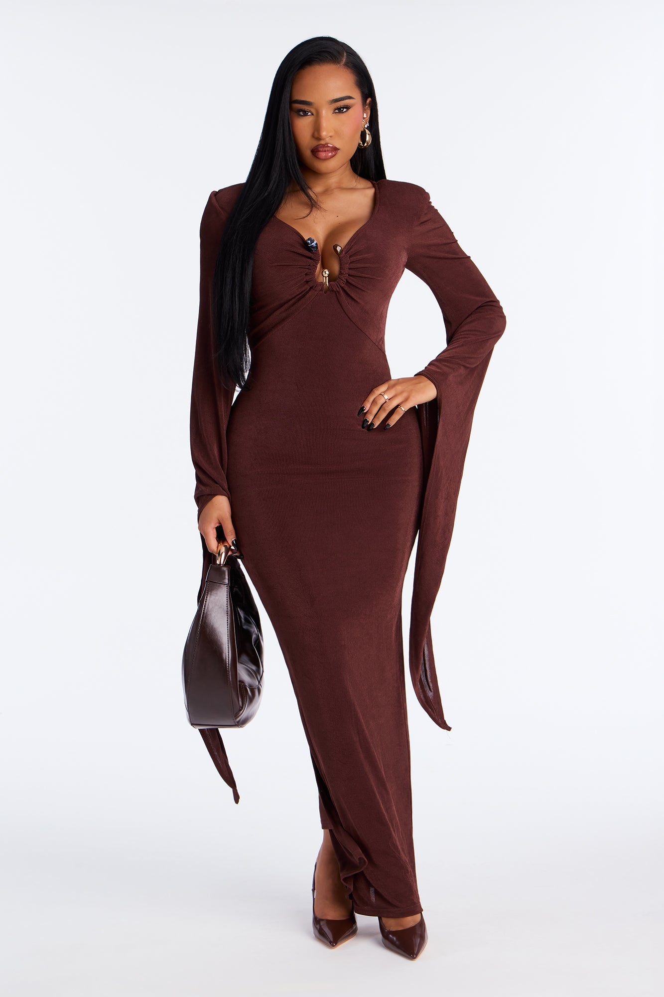 Chic Hustle Draped Maxi Dress - Chocolate