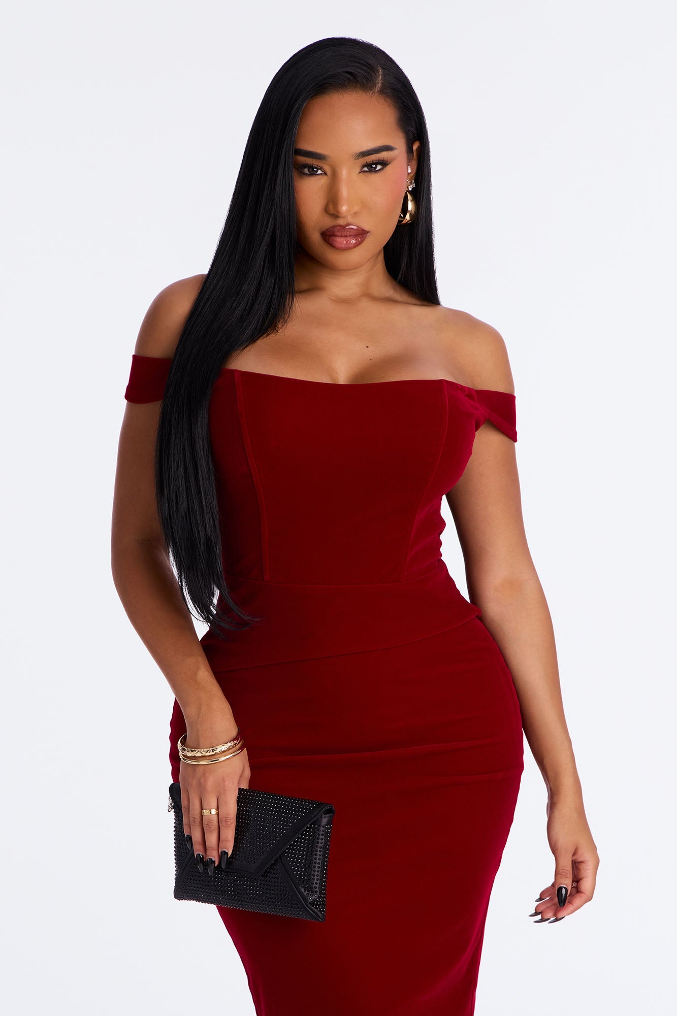 Zuri Off Shoulder Velvet Midi Dress - Red