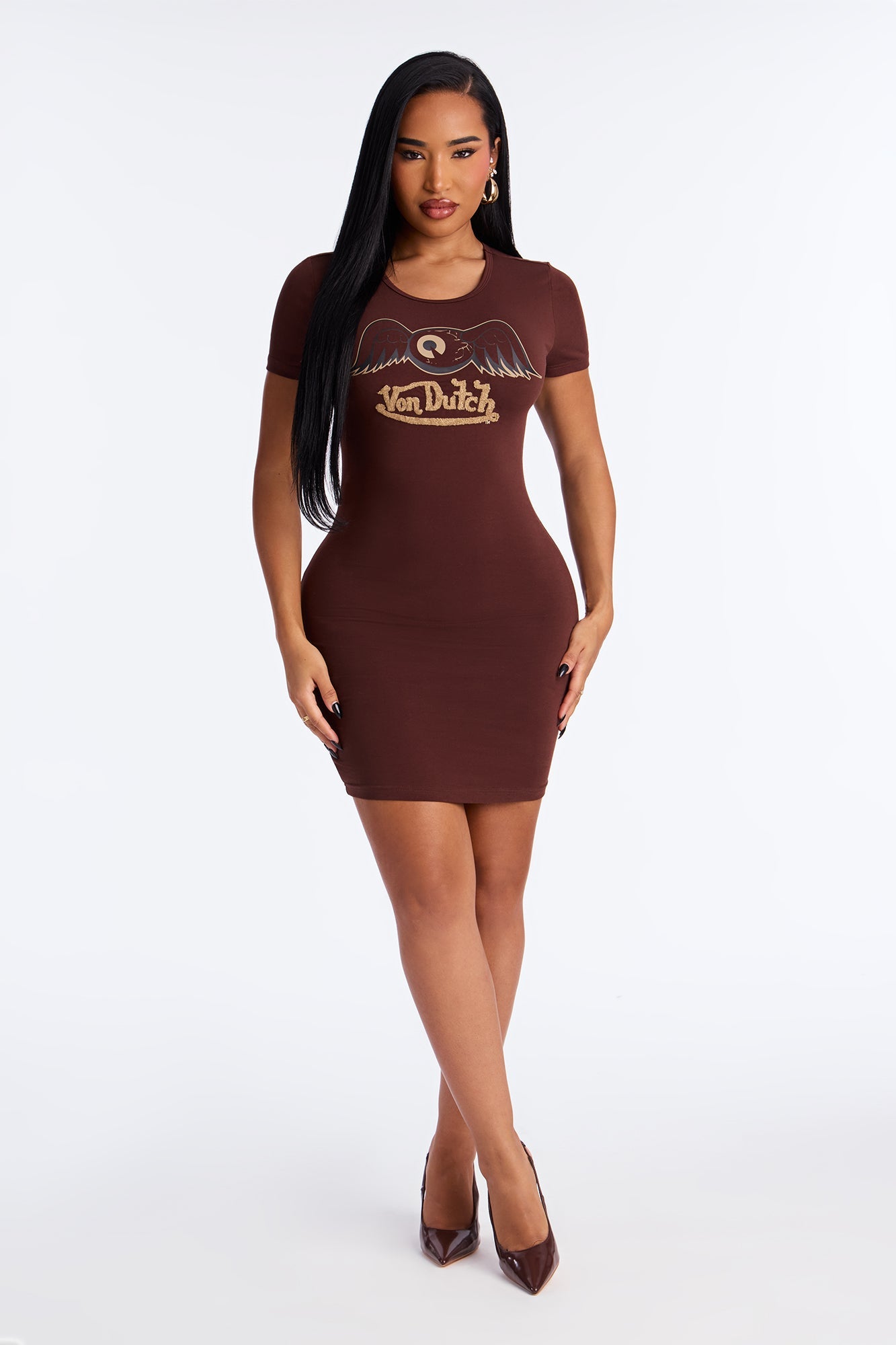 Von Dutch Wings T Shirt Mini Dress - Brown