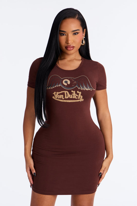 Von Dutch Wings T Shirt Mini Dress - Brown