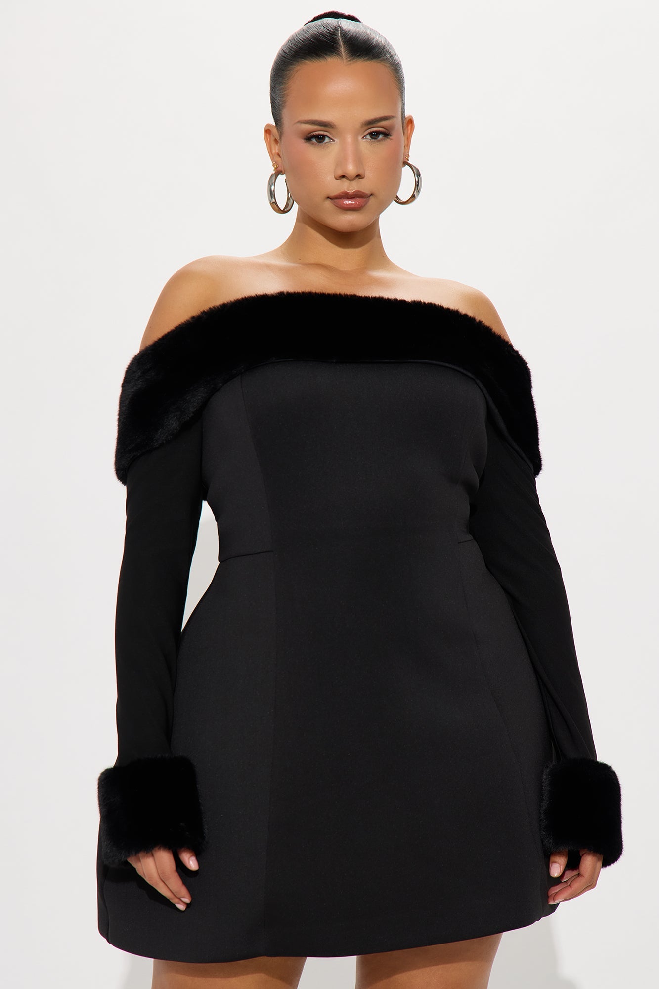 Bianca Fur Scuba Mini Dress - Black