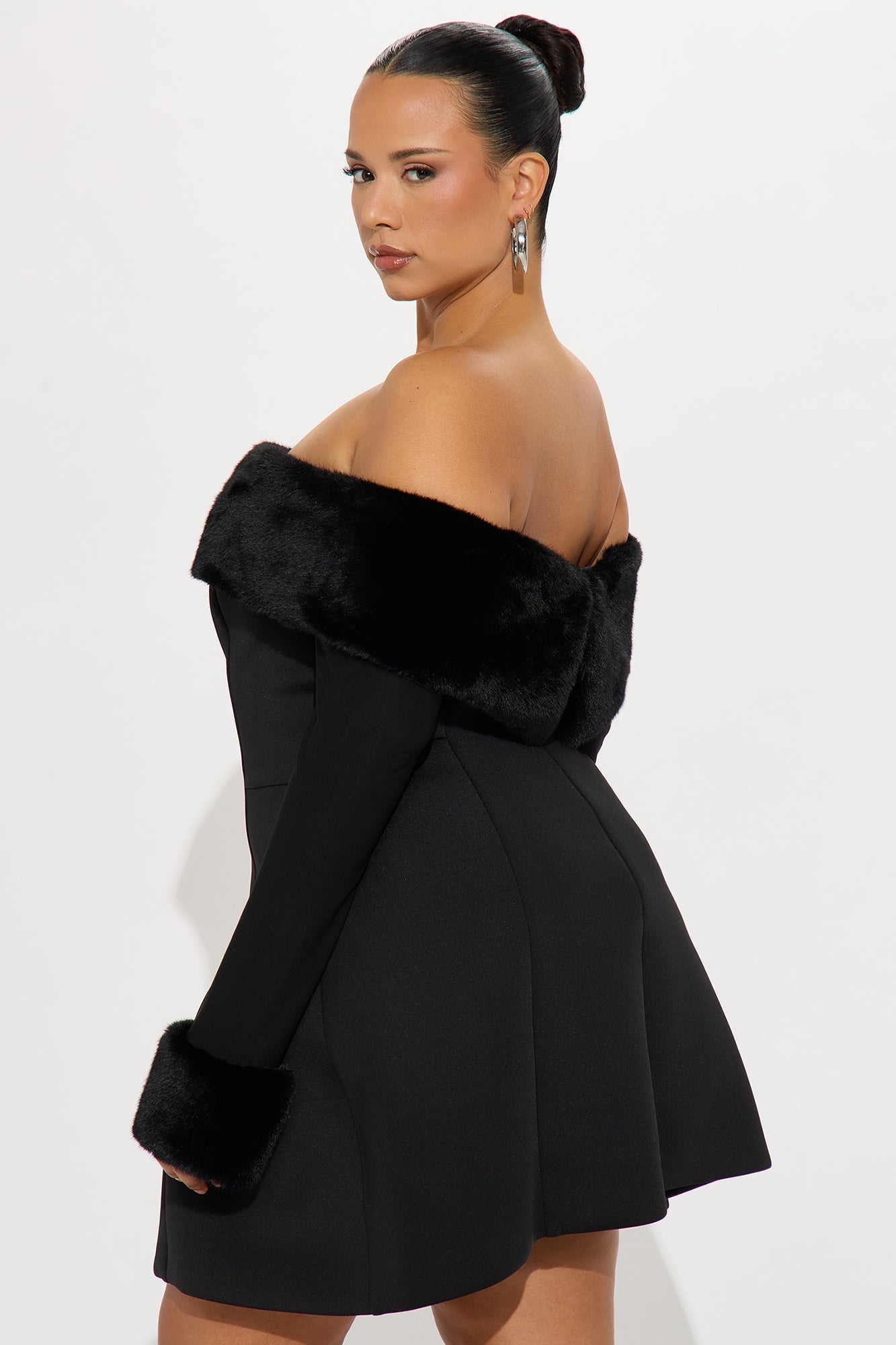 Bianca Fur Scuba Mini Dress - Black