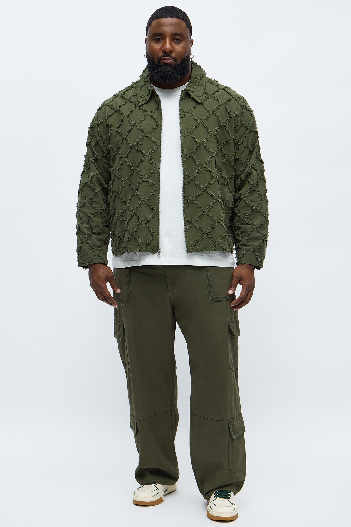 Textured Diamond Frayed Work Jacket - Green
