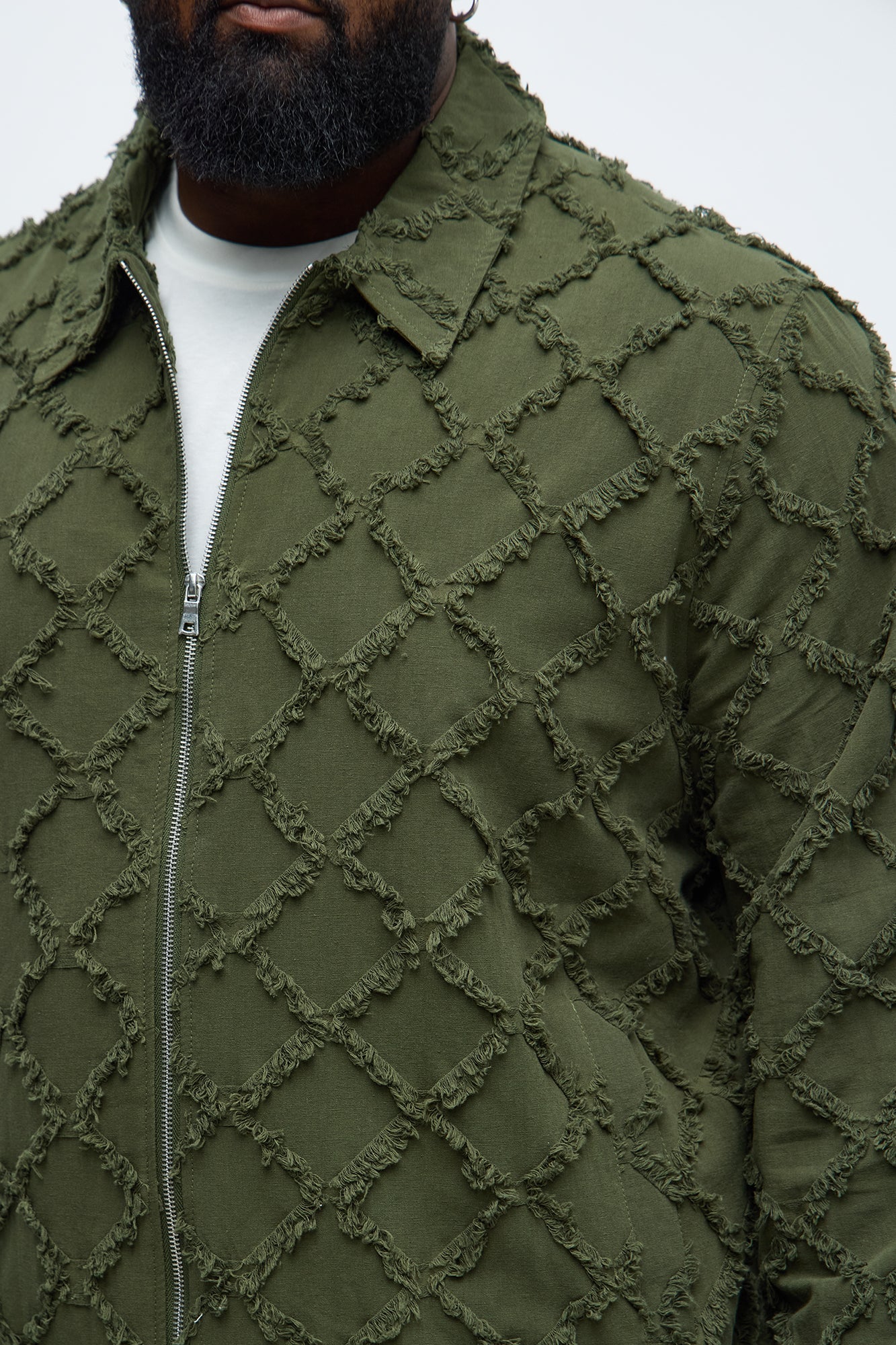 Textured Diamond Frayed Work Jacket - Green