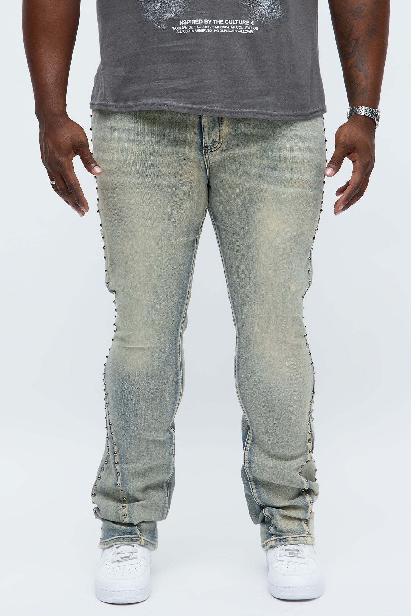 Stacked Skinny Flare Studded Panel Jean - Light Wash