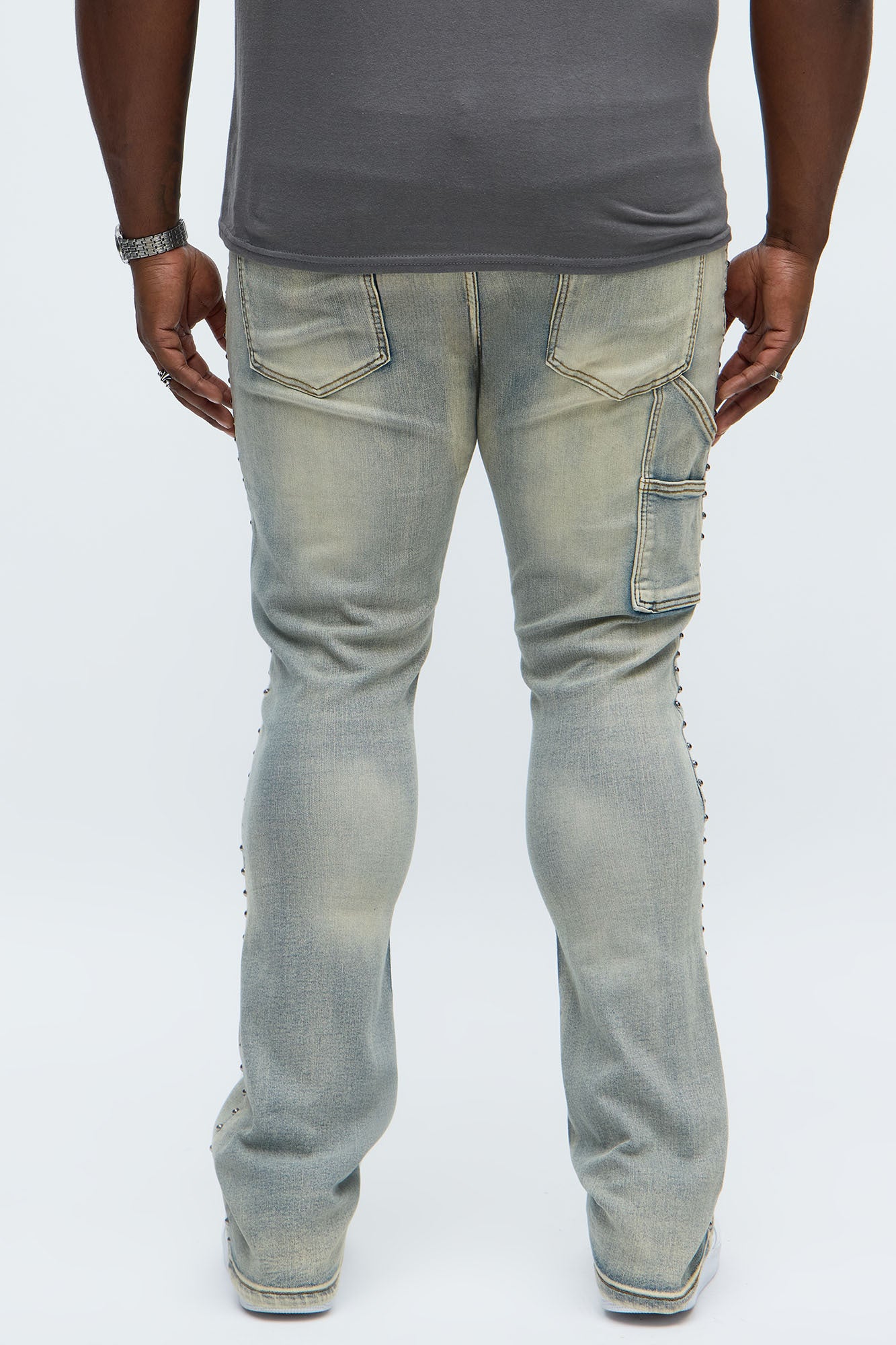 Stacked Skinny Flare Studded Panel Jean - Light Wash