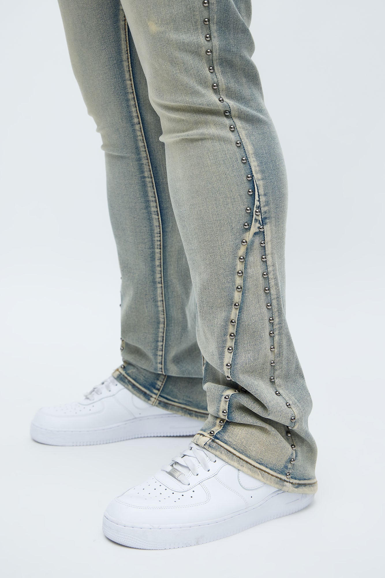 Stacked Skinny Flare Studded Panel Jean - Light Wash