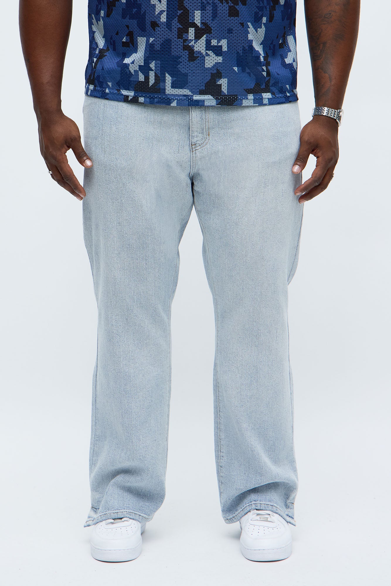 Stacked Slim Flare Slit Jacquard Jean - Light Blue Wash