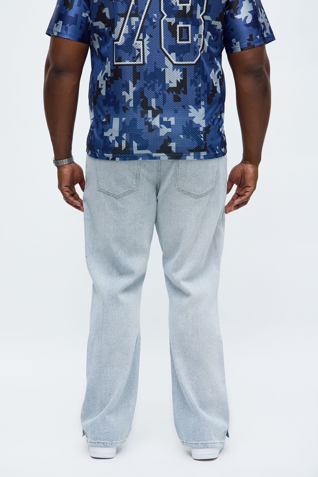 Stacked Slim Flare Slit Jacquard Jean - Light Blue Wash