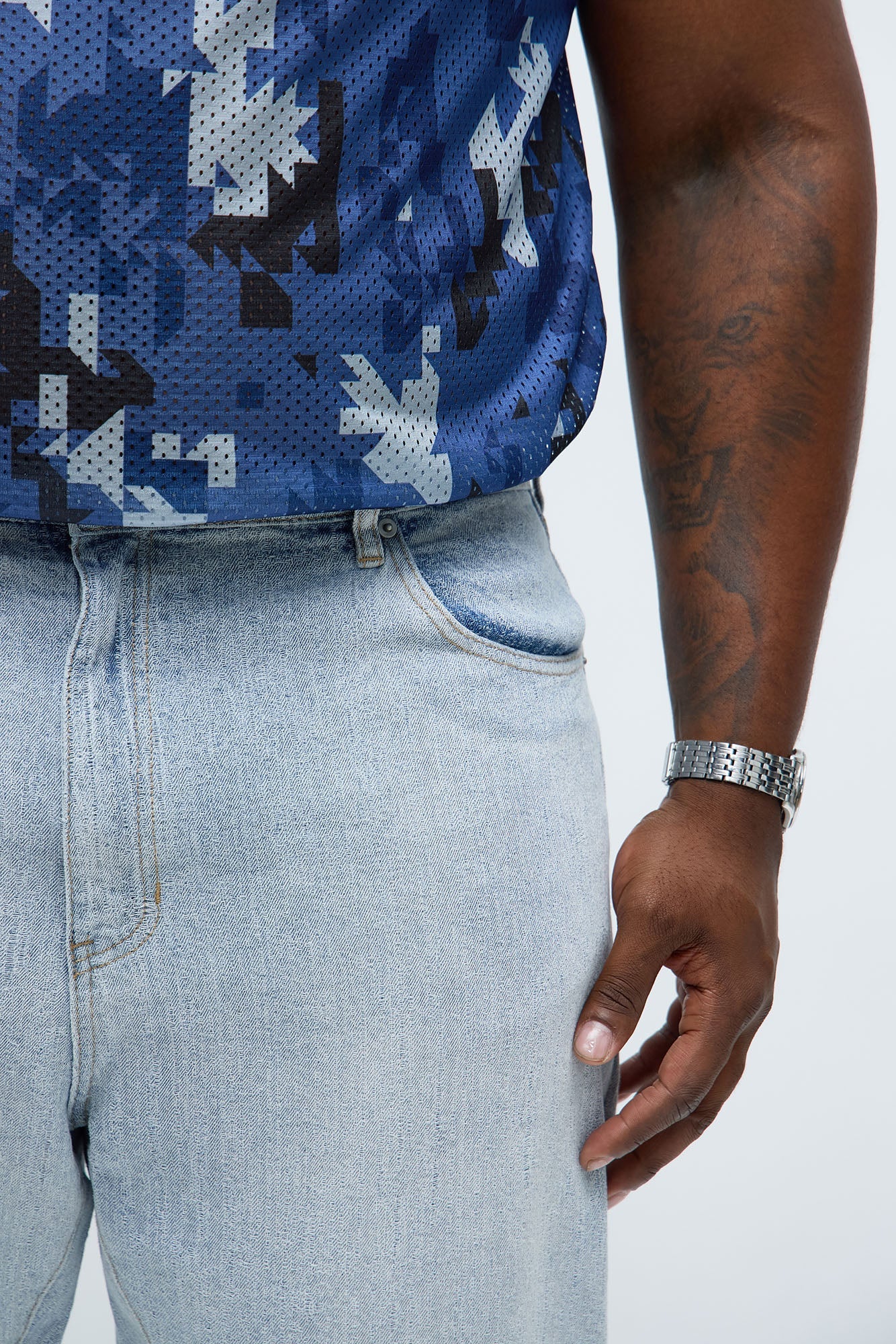 Stacked Slim Flare Slit Jacquard Jean - Light Blue Wash