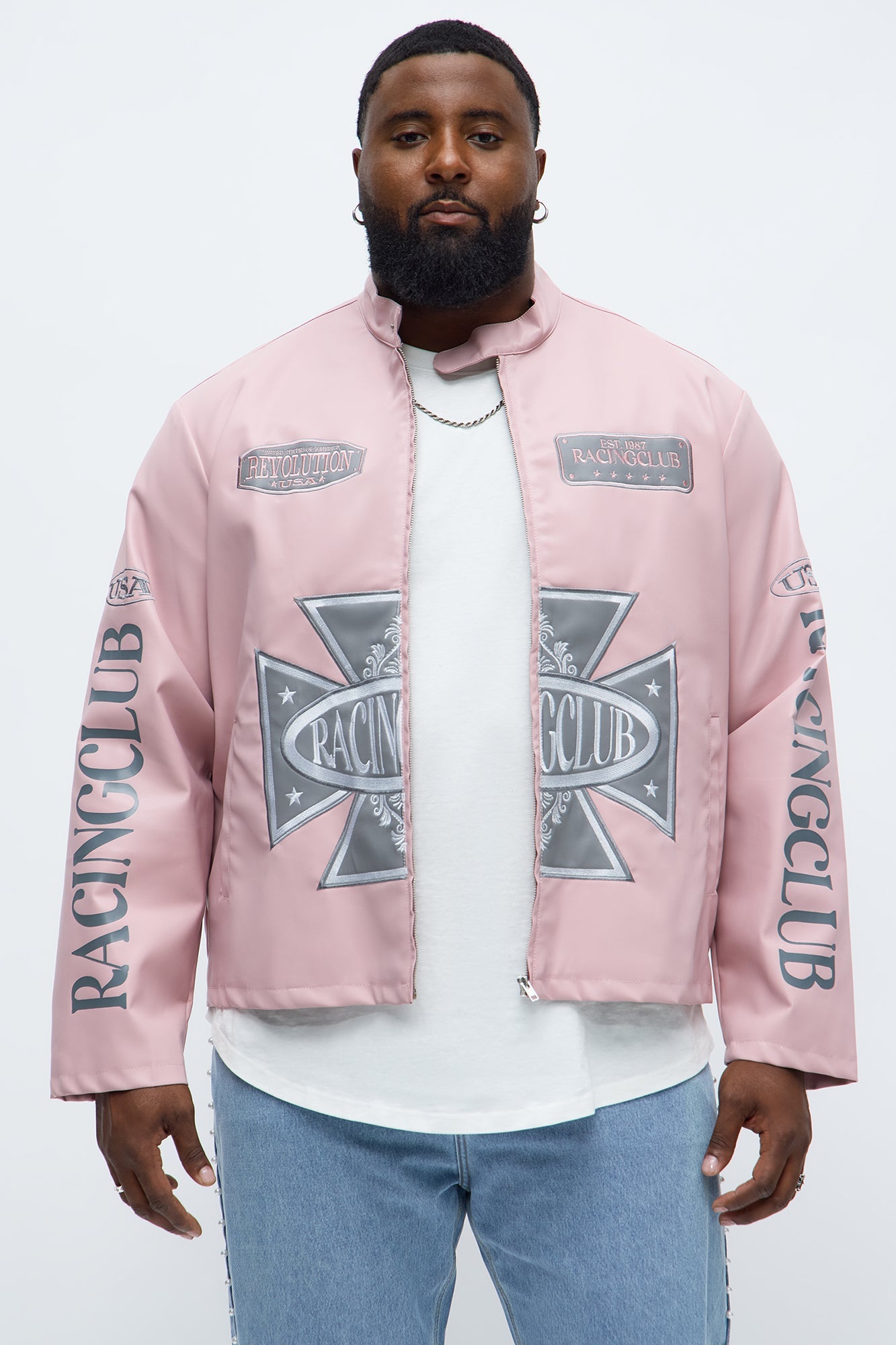 Faux Leather Racing Club Moto Jacket - Pink/combo