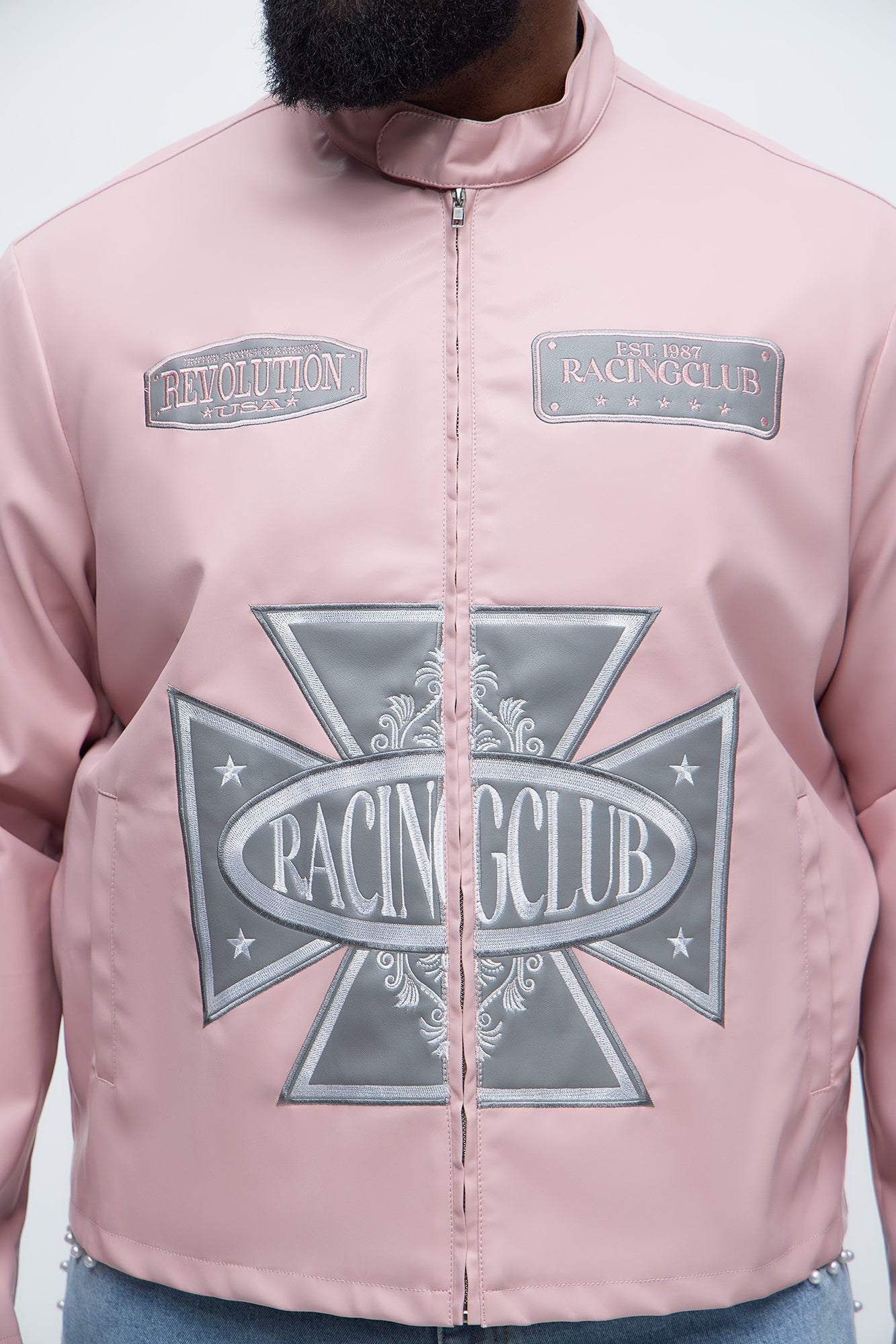 Faux Leather Racing Club Moto Jacket - Pink/combo