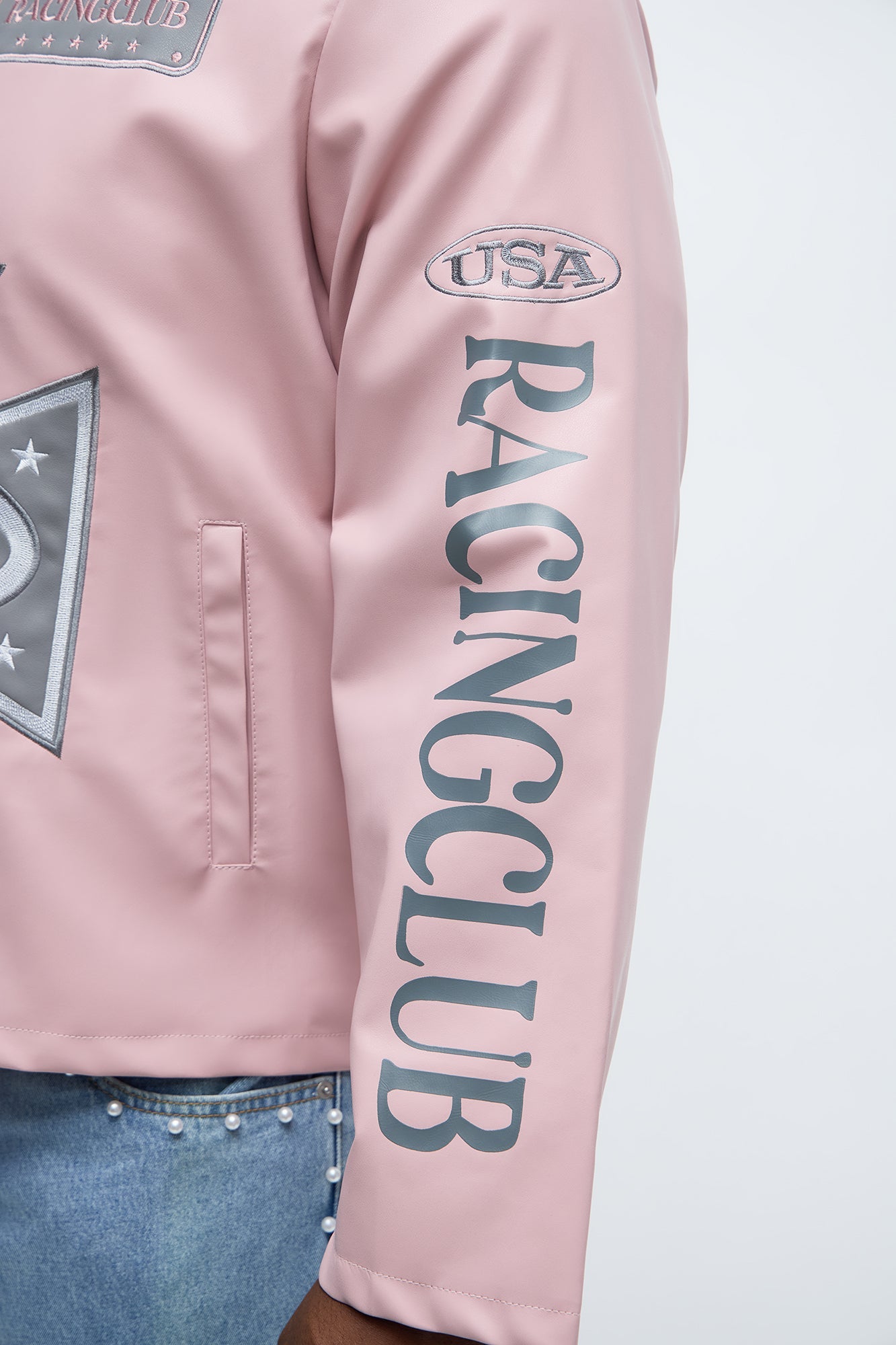 Faux Leather Racing Club Moto Jacket - Pink/combo