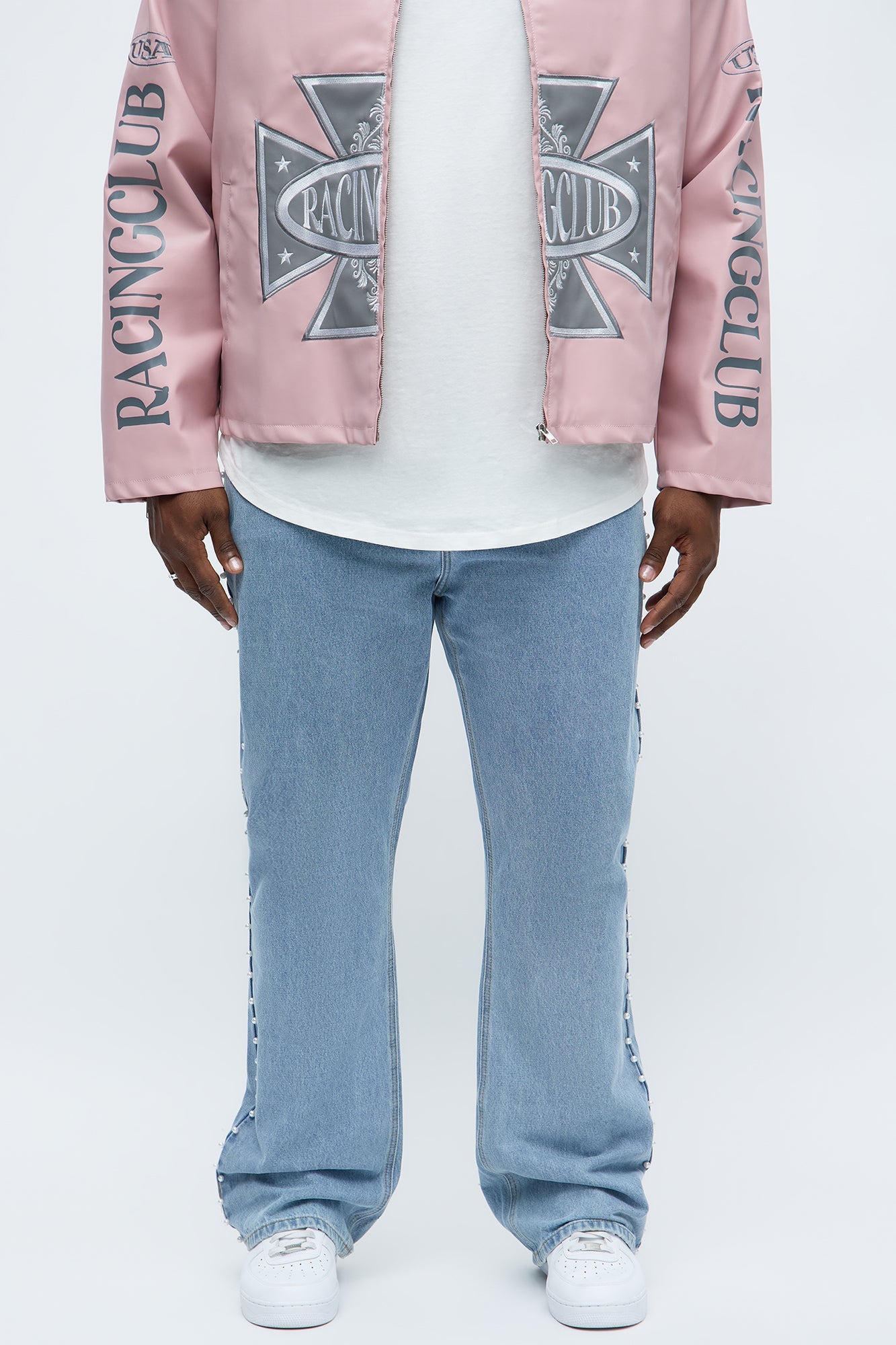 Stacked Slim Flare Pearls Along Side Jean - Light Wash