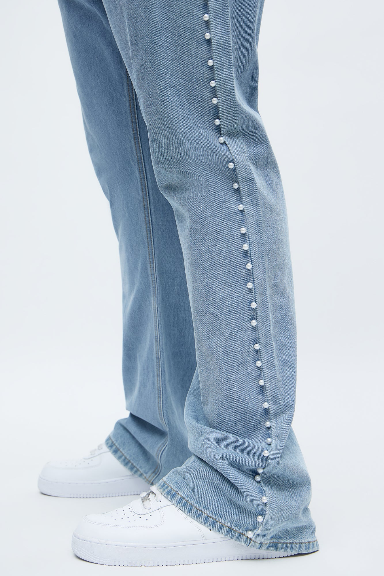 Stacked Slim Flare Pearls Along Side Jean - Light Wash