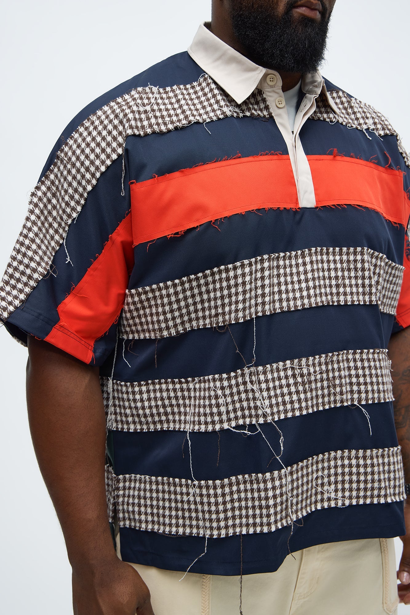 Oversized Frayed Houndstooth Polo - Multi Color