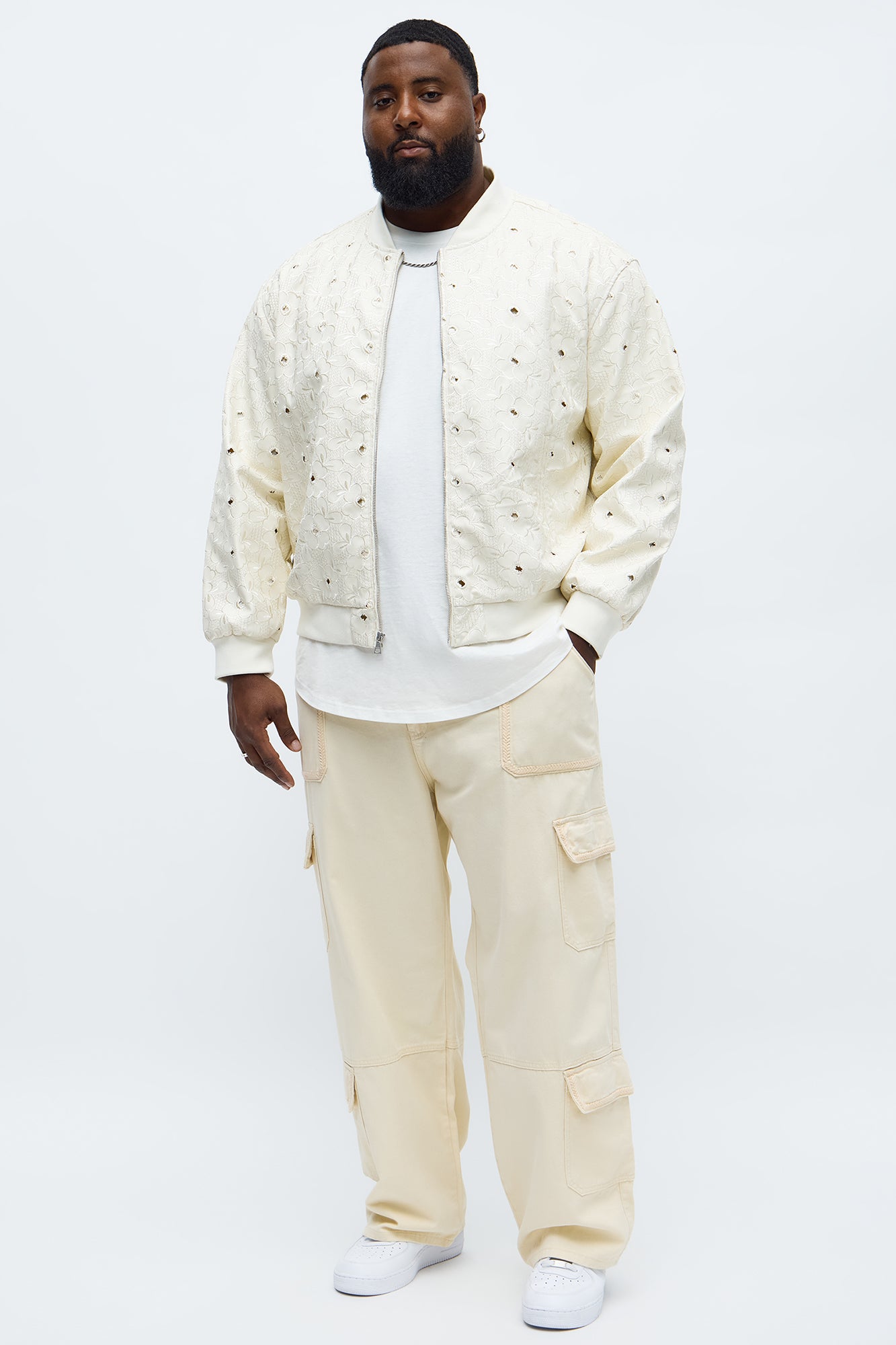 Relaxed Faux Leather Embroidered Floral Bomber Jacket - Off White