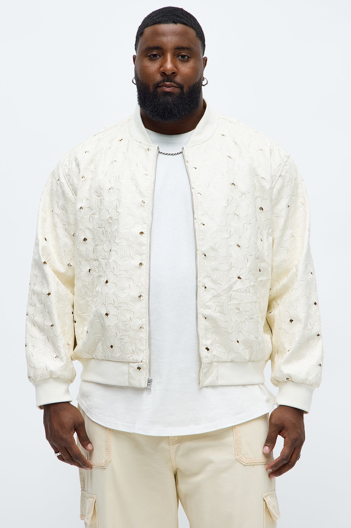 Relaxed Faux Leather Embroidered Floral Bomber Jacket - Off White