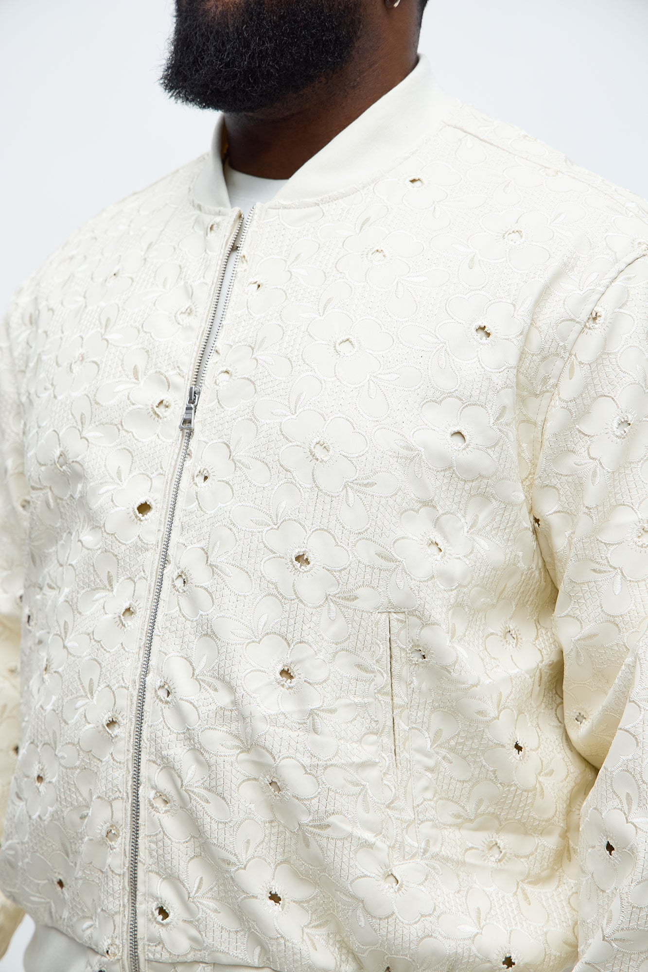 Relaxed Faux Leather Embroidered Floral Bomber Jacket - Off White